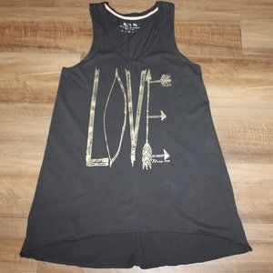 MISS ME * THE BUCKLE Size MED Gray Gold "LOVE" Low Cut V-Neck HI-LO Tunic Tank